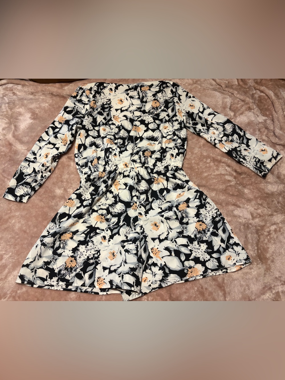 Boohoo Floral Long-Sleeve Romper - Black, White & Peach